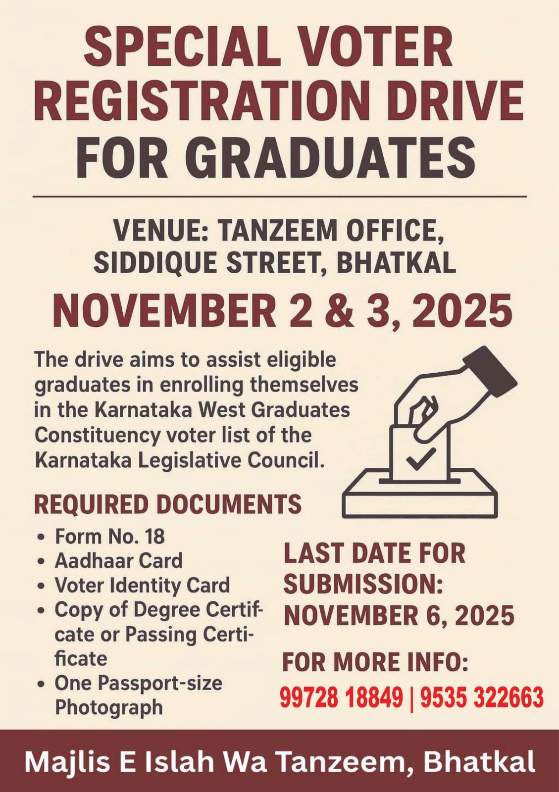 Two-day special voter registration camp at Bhatkal Tanzeem office; graduates urged to register immediately